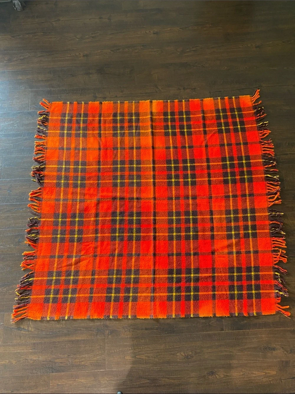 Vintage Faribo Wool Plaid Tartan Fringe Red/Orange Brown & Yellow Throw Blanket